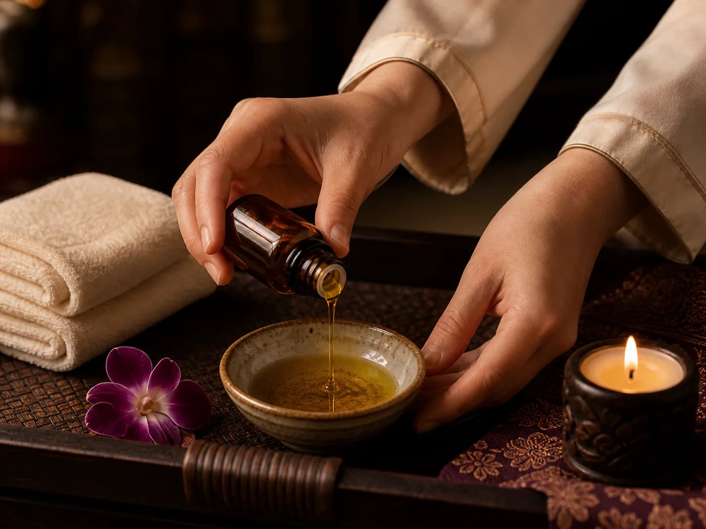 Illustrative warm massage oil prepared beside folded spa towels