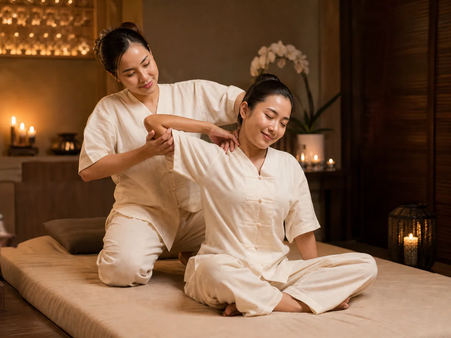 Illustrative traditional Thai massage treatment in a warm spa room