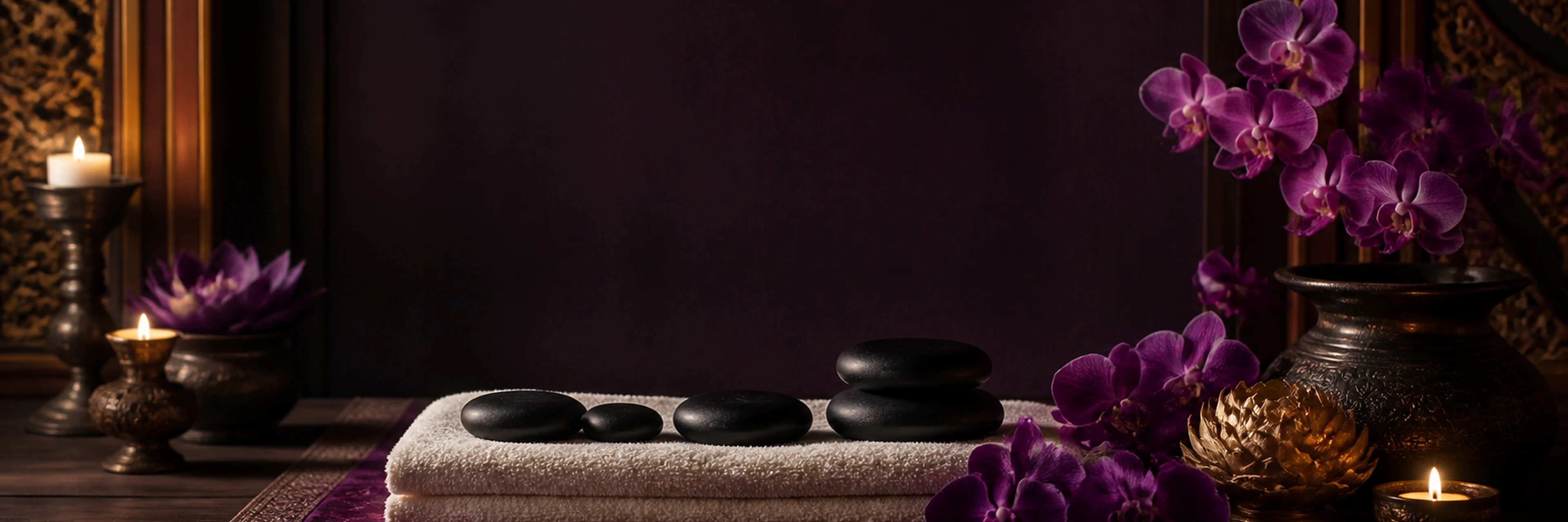 Hot stones, orchids and candlelight arranged for a calming treatment