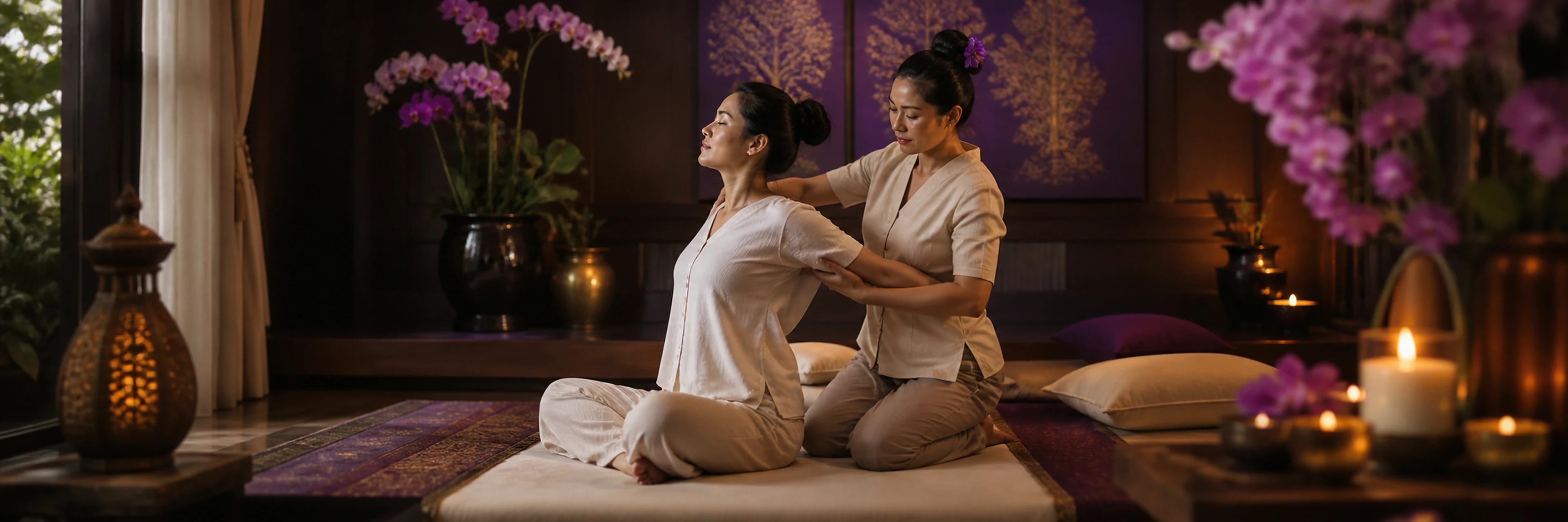 Traditional Thai massage in an elegant plum and gold treatment room